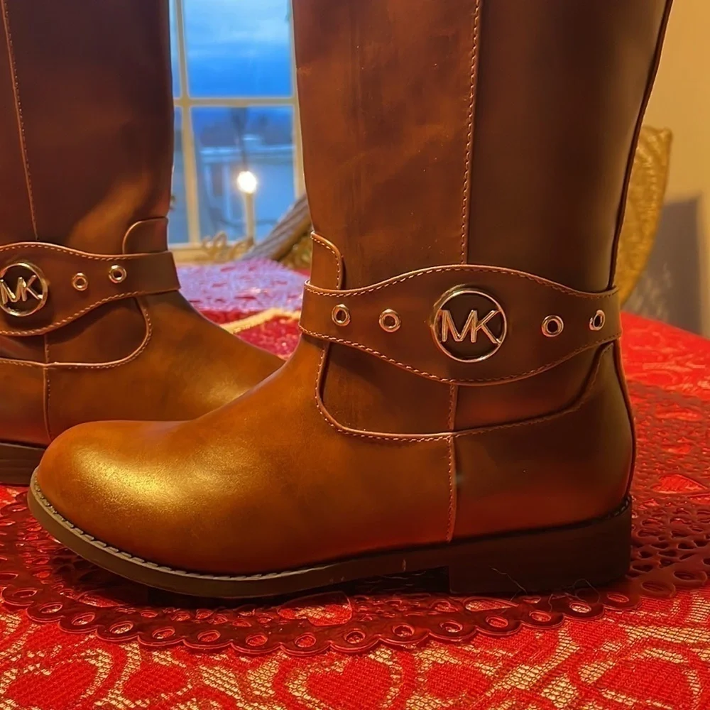 Brand New Michael Kors Girls Emma Heather Zippered Tall Riding Boots in Cognac